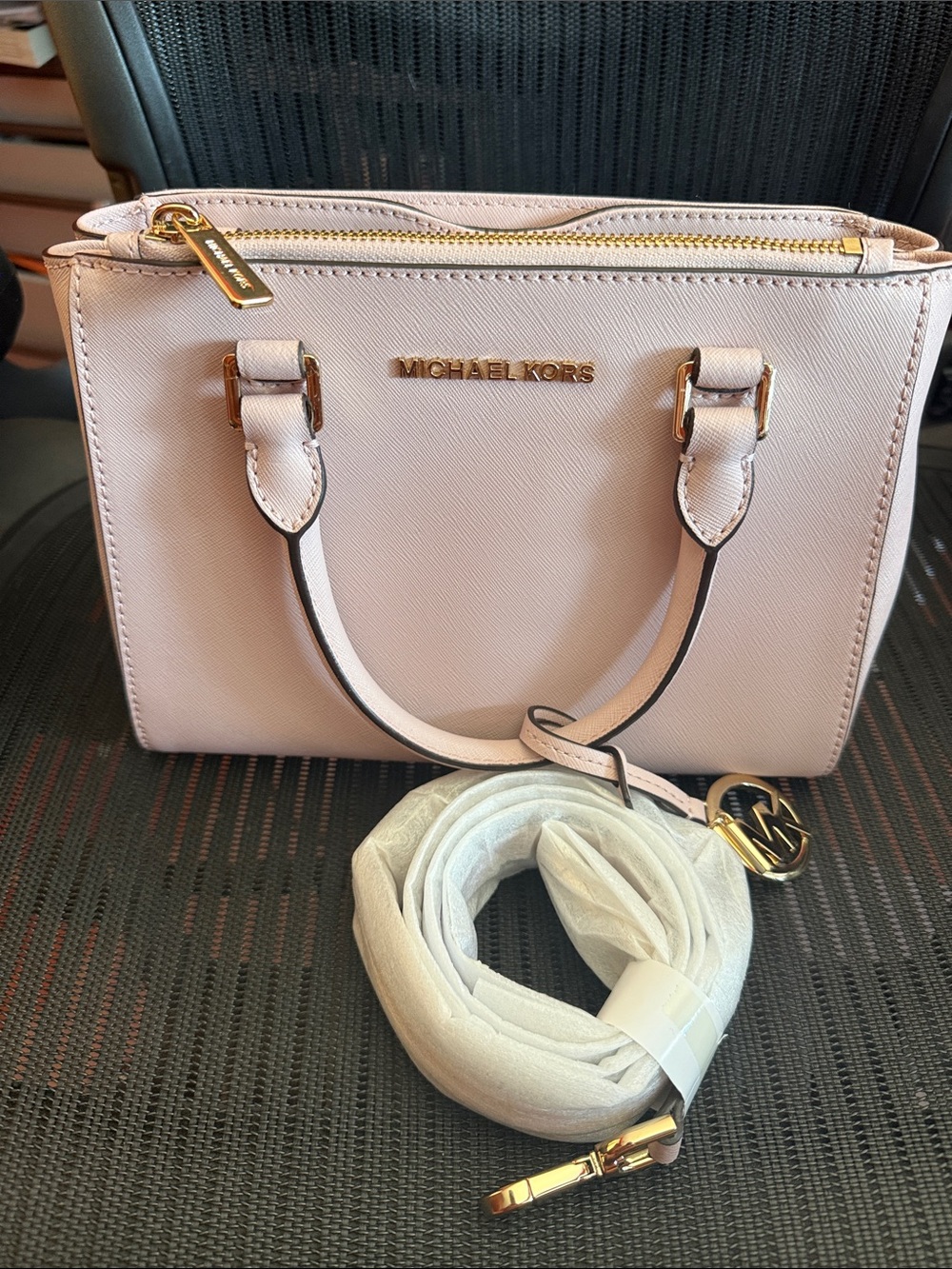 Michael Kors Pale Pink Saffiano Crossbody Satchel with Gold Hardware